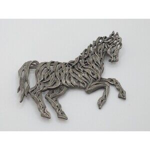 Vintage JJ 1988 Pewter Horse Brooch Pin Equestrian Ribbon Abstract Horse